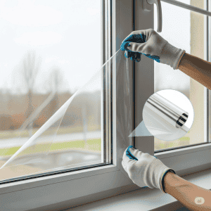 Người đang dán phim cách nhiệt lên cửa sổ, bảo vệ nhà hiệu quả khỏi nhiệt độ mùa hè