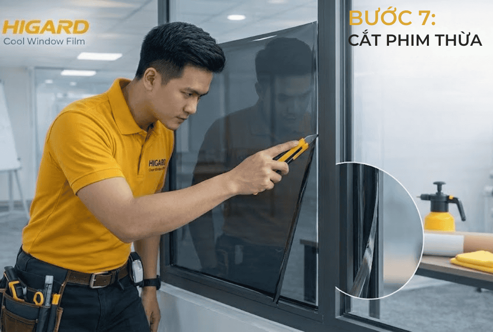 Cắt phim thừa khi dán phim cách nhiệt cửa kính