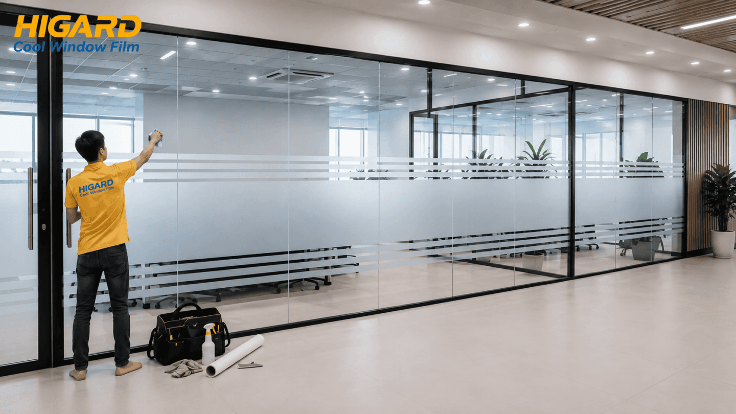 Dán decal mờ kẻ chỉ cho cửa kính