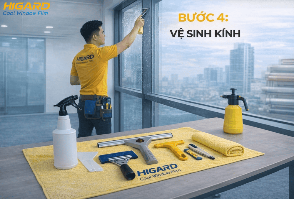 vệ sinh kính trước khi dán phim cách nhiệt cửa kính