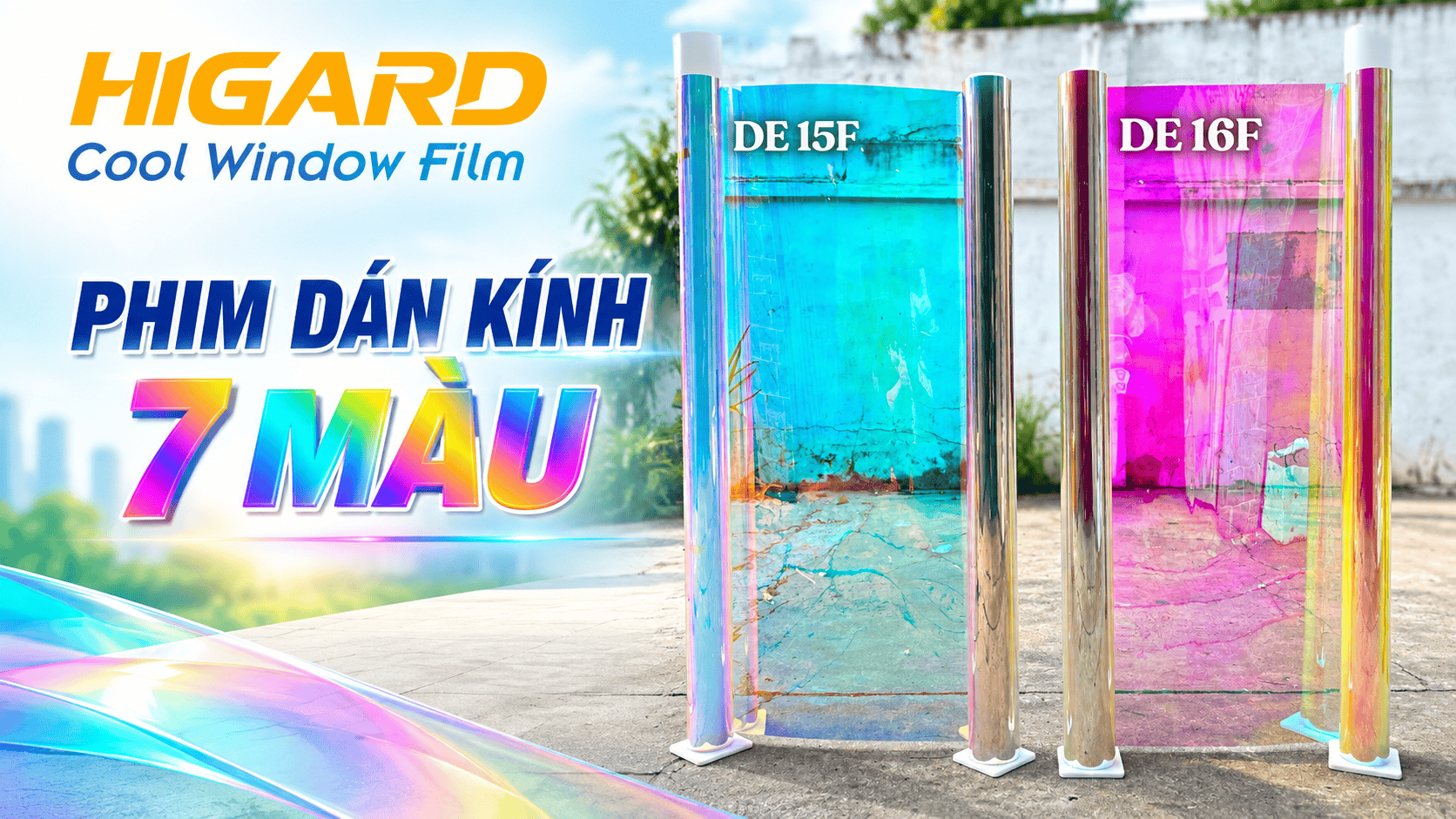 Phim dán kính 7 màu Hologram, đổi màu kính 2 Phim đổi màu vách kính văn phòng Higard