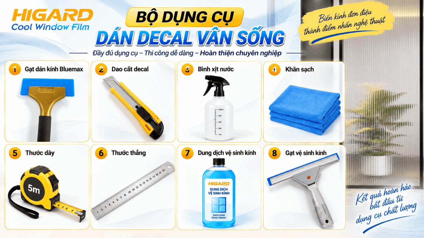 Hướng Dẫn Tự Dán Decal Vân Sóng 3D Tại Nhà Không Bị Bọt Khí 5 Bộ dụng cụ dán Decal Vân Sóng 3D gồm gạt Bluemax, dao cắt, bình xịt nước, khăn sạch, thước dây, thước thẳng, dung dịch vệ sinh kính và gạt vệ sinh kính