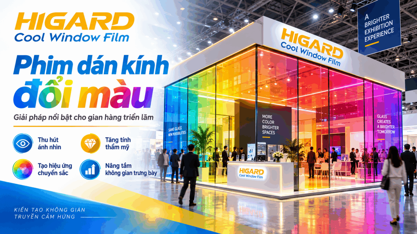 Thi công phim dán kính đổi màu Higard cho gian hàng
