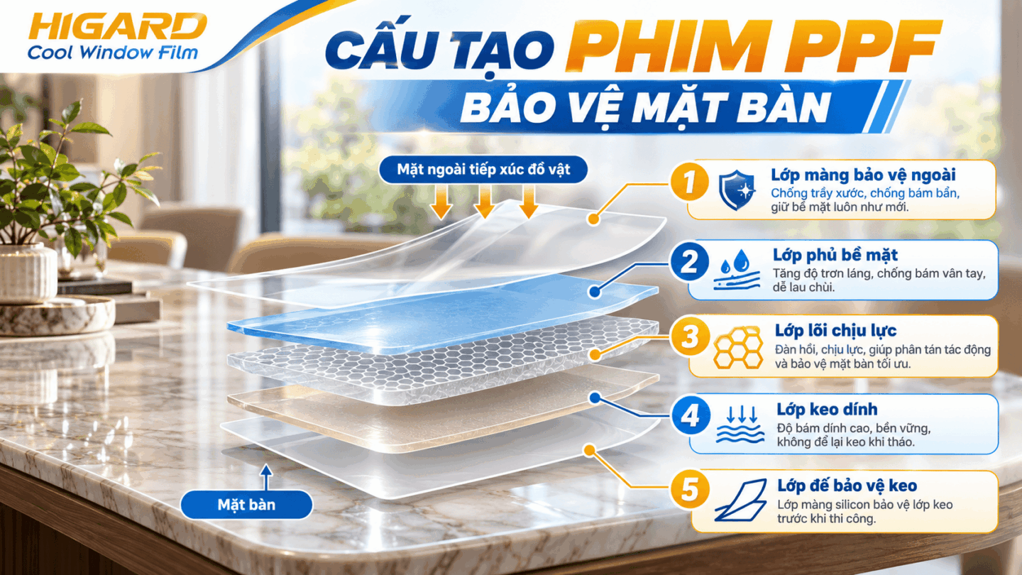 Sơ đồ chi tiết cấu tạo phim PPF dán bàn gồm 5 lớp bảo vệ chuyên dụng