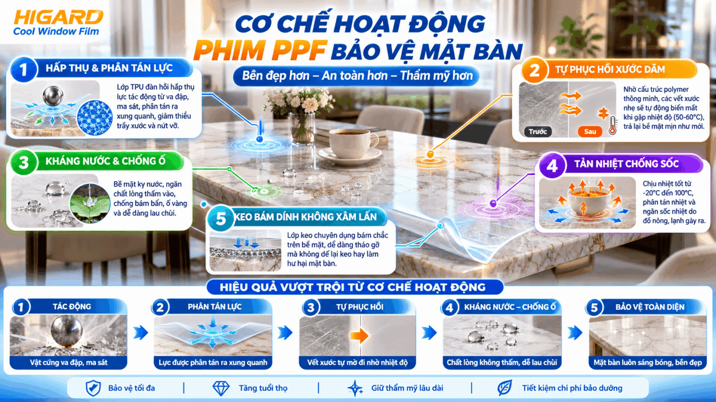 Cơ chế hoạt động của phim PPF bảo vệ mặt bàn Higard giúp hấp thụ lực va đập, phân tán lực và tự phục hồi vết xước nhẹ, bảo vệ bề mặt nội thất.