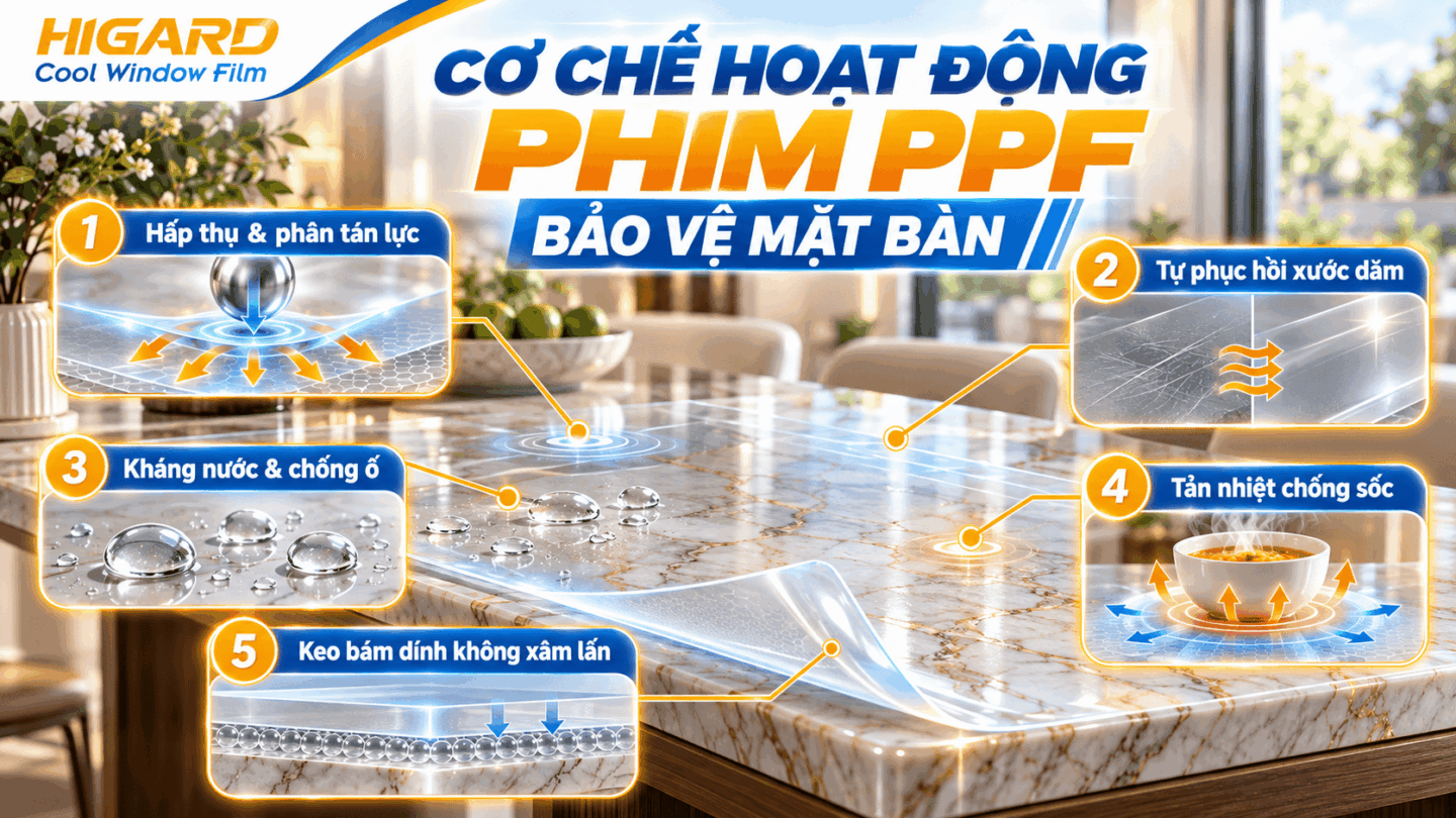 Sơ đồ cơ chế hoạt động của phim PPF bảo vệ mặt bàn giúp chống xước, chịu nhiệt và kháng ố
