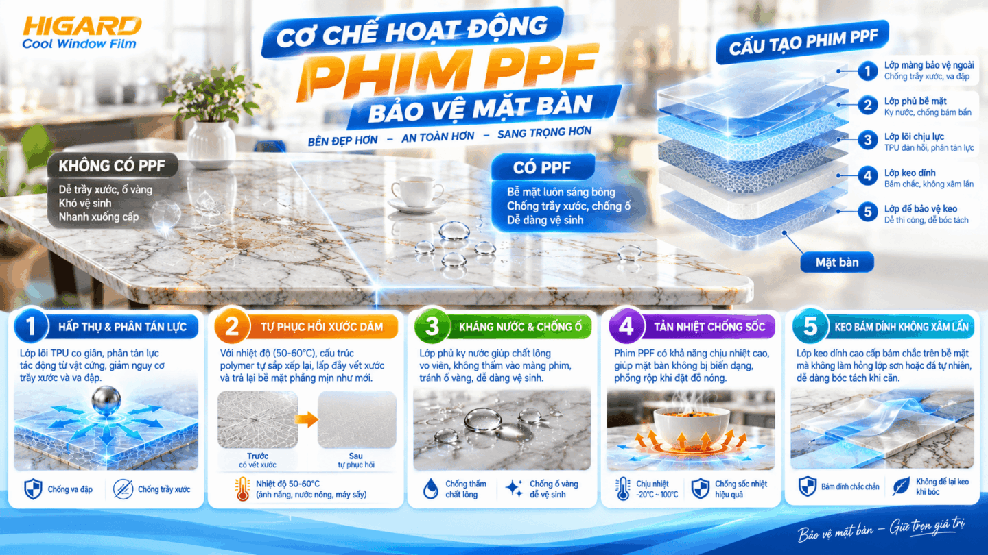 Cơ chế hoạt động của phim PPF bảo vệ mặt bàn Higard giúp hấp thụ và phân tán lực, tự phục hồi vết xước nhẹ, chống thấm nước, hạn chế ố bẩn và bảo vệ bề mặt nội thất.