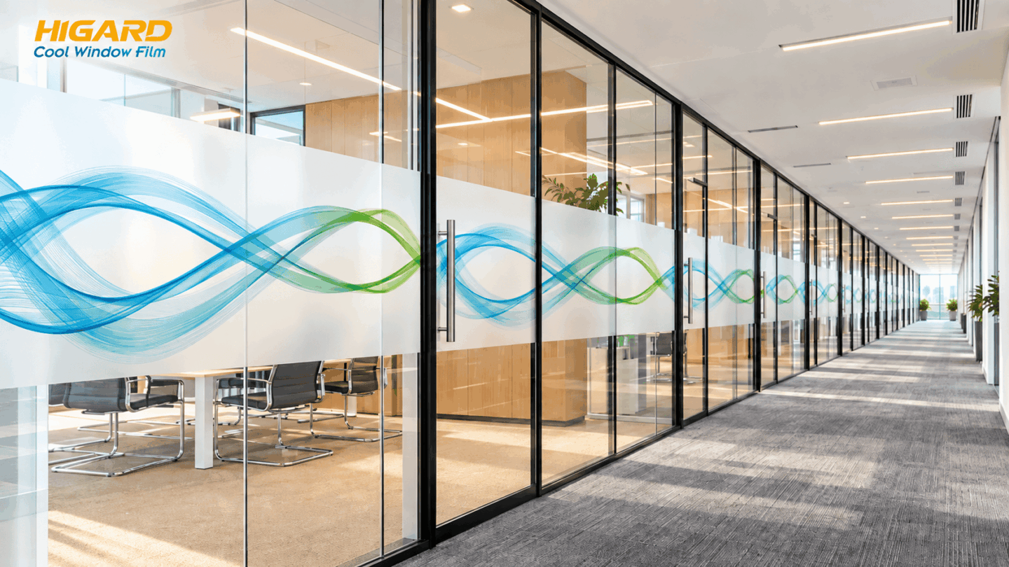 Decal mờ in logo công ty trên vách kính