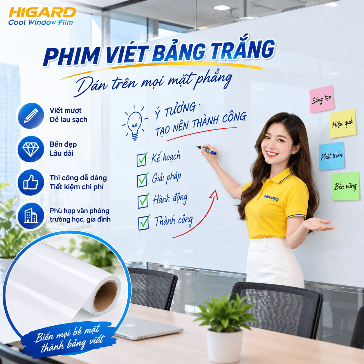 Phim Cách Nhiệt Phản Quang Silver Series 3 Phim viết bảng trắng Higard dán kính và bề mặt phẳng, viết xóa tiện lợi