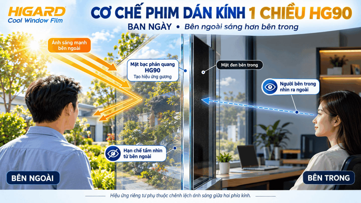 Nguyên lý hoạt động của hiệu ứng gương 1 chiều trên phim dán kính Higard HG90