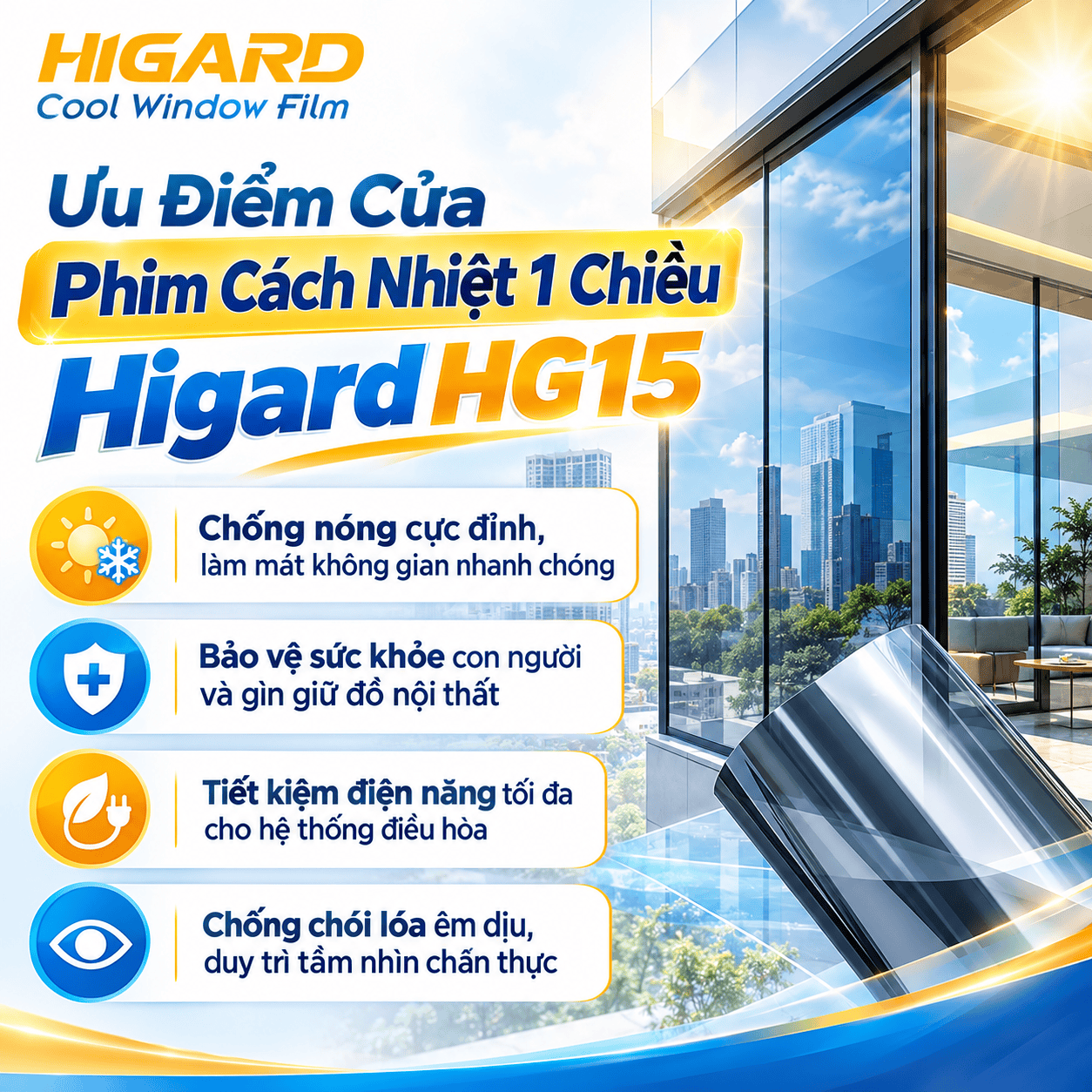Phim cách nhiệt phản quang 1 chiều HG15 màu bạc