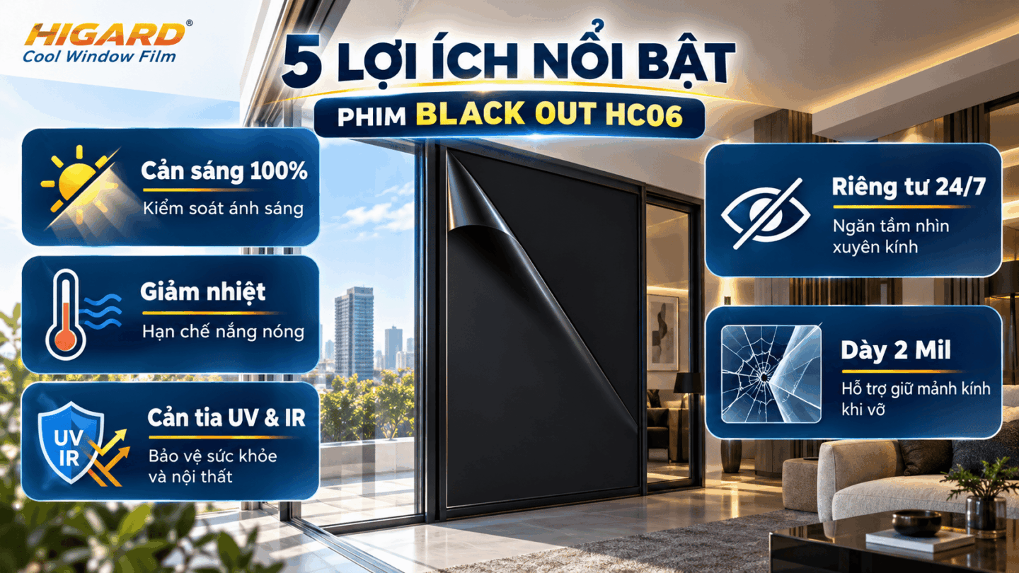 Kính nhà dán phim cách nhiệt tối màu HC06 Higard đen