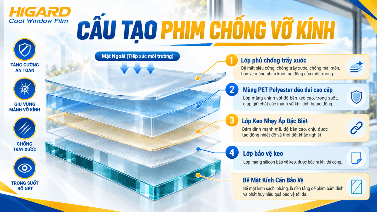 Cấu tạo phim chống vỡ kính gồm PET keo và lớp chống xước