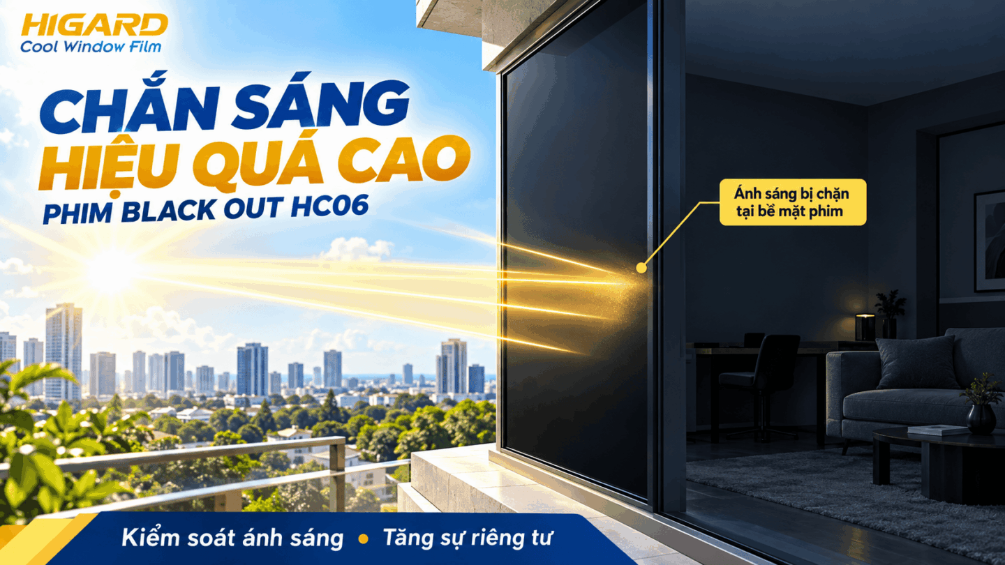 Mặt ngoài cửa kính dán phim Black Out HC06 màu đen