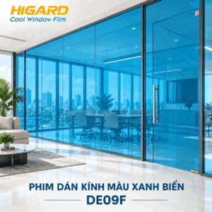 Phim Dán Kính Màu Xanh biển DE13F Higard – Điểm Nhấn Tươi Mát Cho Không Gian 12 Cửa kính phòng khách dán phim màu xanh biển DE09F Higard