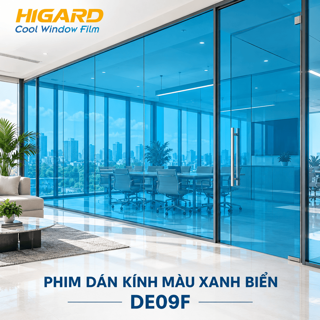 Phim Dán Kính Màu Xanh biển DE13F Higard – Điểm Nhấn Tươi Mát Cho Không Gian 18 Cửa kính phòng khách dán phim màu xanh biển DE09F Higard