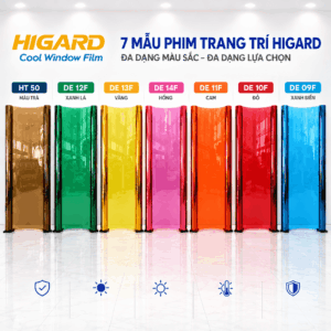 Bảng mẫu phim dán kính Higard màu cam, hồng, xanh lá, xanh biển, trà, vàng và đỏ