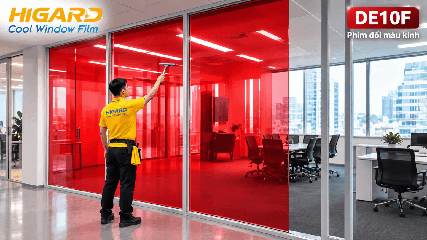 Thi công Decal Màu Đỏ Higard trên cửa kính