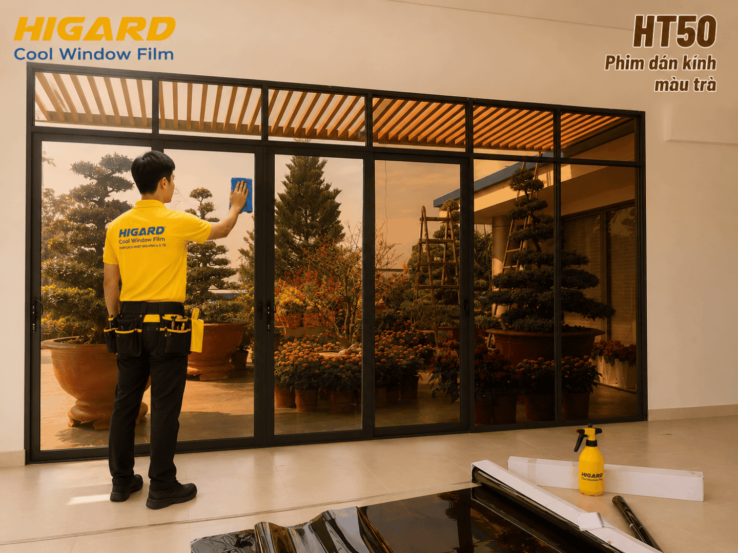Phim Dán Kính Màu Trà Higard trang trí vách kính hiện đại