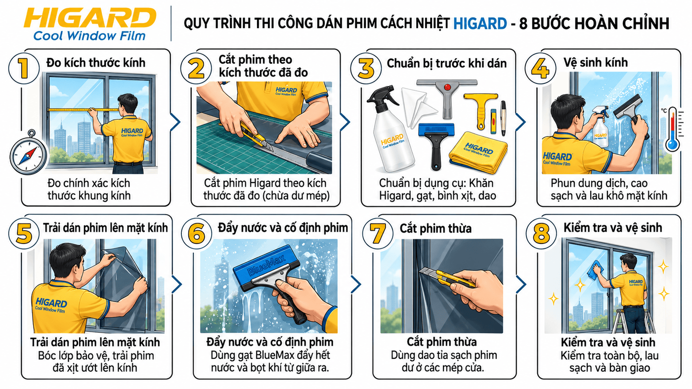 Quy trình dán phim cách nhiệt Higard chuyên nghiệp đúng kỹ thuật từ vệ sinh kính đến hoàn thiện bề mặt
