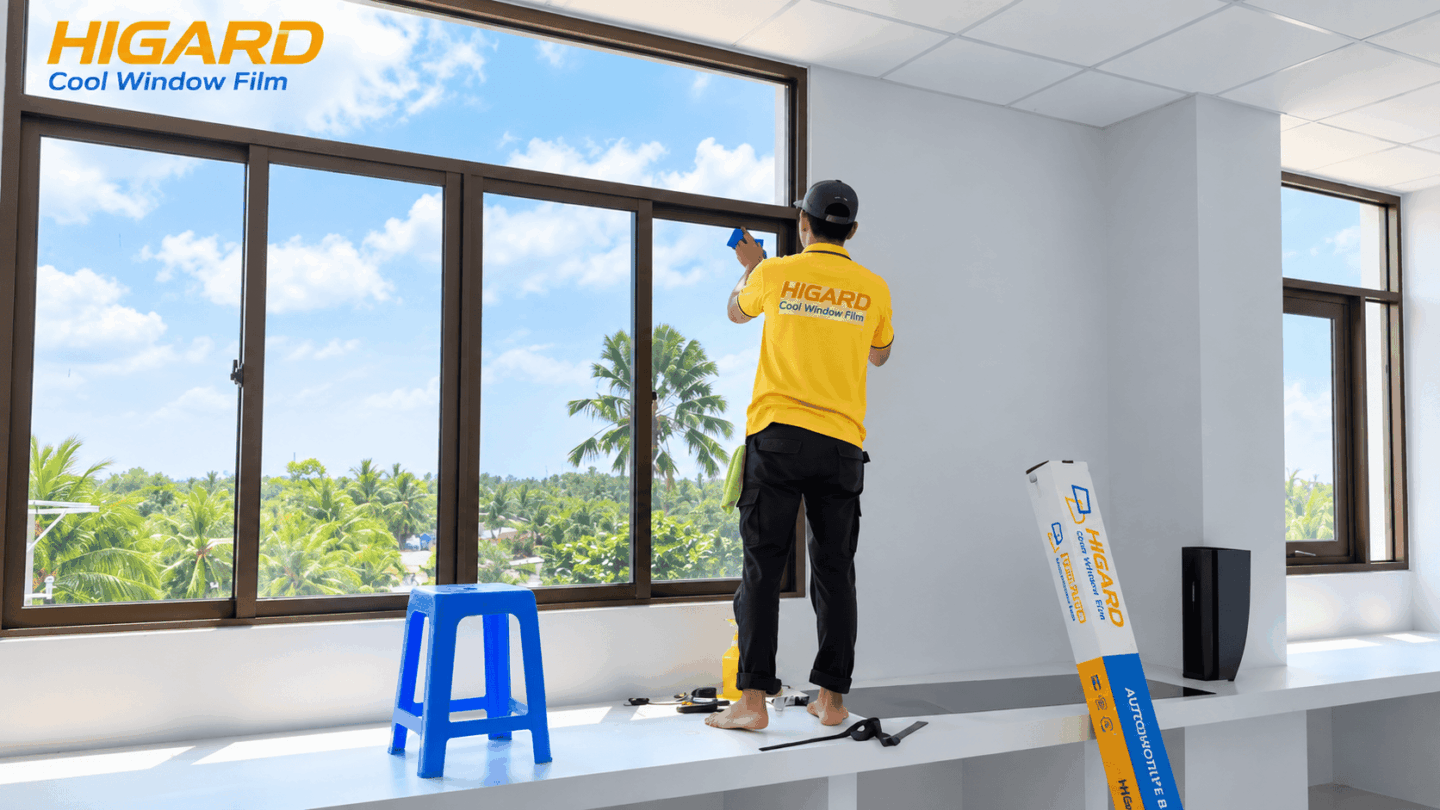 Vệ sinh kính trước khi thi công phim cách nhiệt bệnh viện