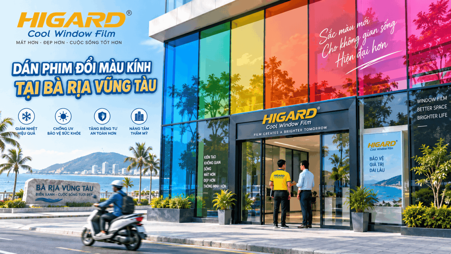 Dán phim đổi màu kính Higard màu vàng cho kính trang trí sáng đẹp và nổi bật trong không gian