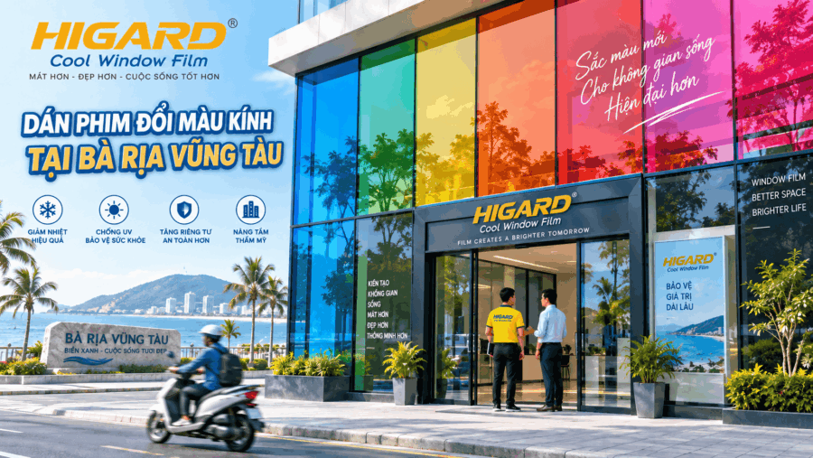 Dán phim đổi màu kính Higard màu vàng cho kính trang trí sáng đẹp và nổi bật trong không gian