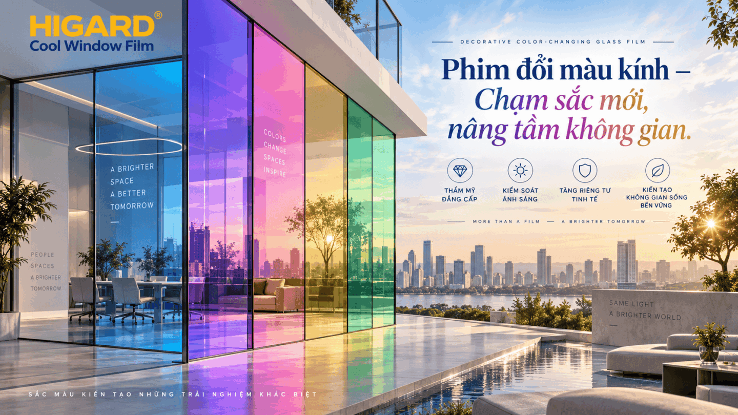 Dán phim đổi màu kính Higard màu trà cho vách kính hiện đại, tinh tế và sang trọng