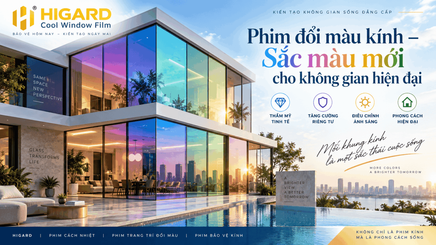 Dán phim đổi màu kính Higard màu đỏ trên kính trang trí tạo điểm nhấn mạnh mẽ và ấn tượng