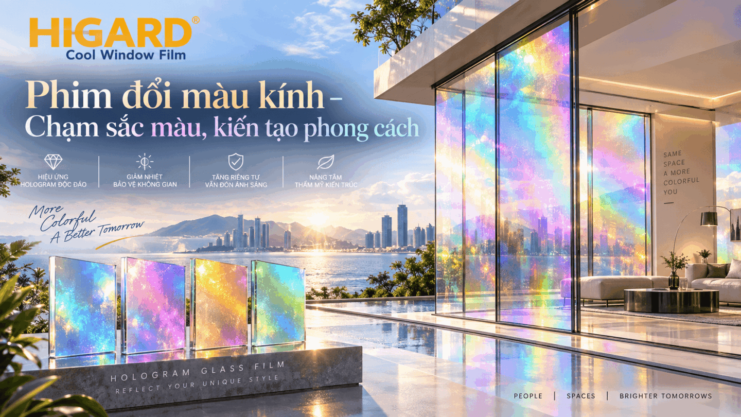 Dán phim đổi màu kính Higard cho vách kính trang trí giúp không gian thêm sinh động và cuốn hút