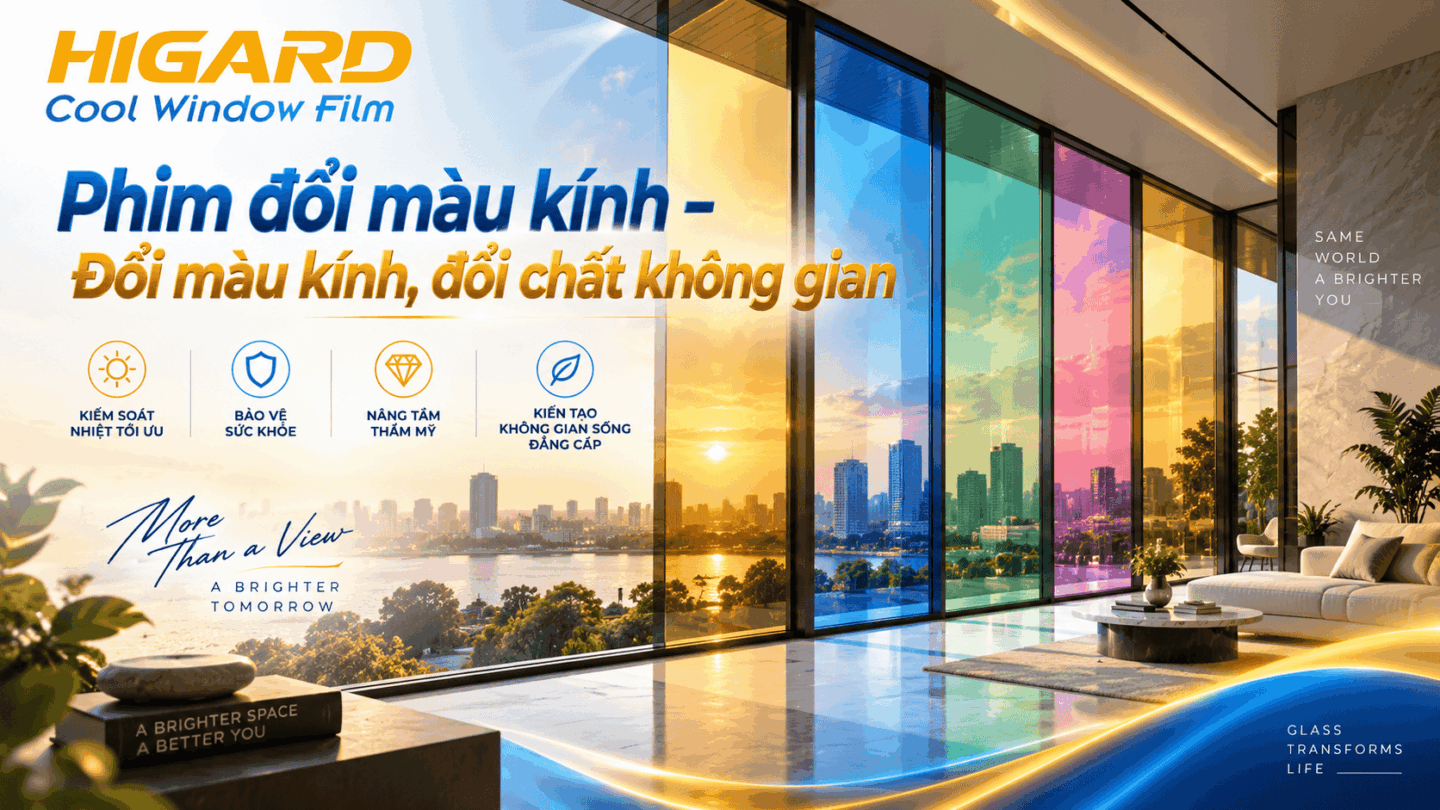 Dán phim đổi màu kính Higard màu xanh biển trang trí kính sang trọng và thu hút ánh nhìn