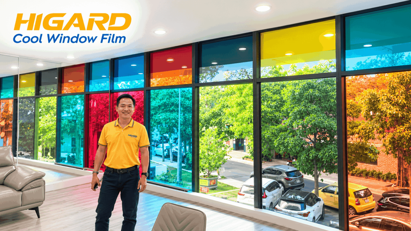 Dán phim đổi màu kính Higard xuyên sáng 70 phần trăm, phù hợp trang trí kính hiện đại