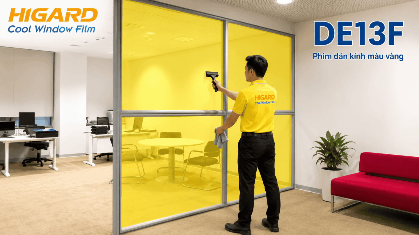 Phim đổi màu kính màu vàng Higard cho mặt tiền kính