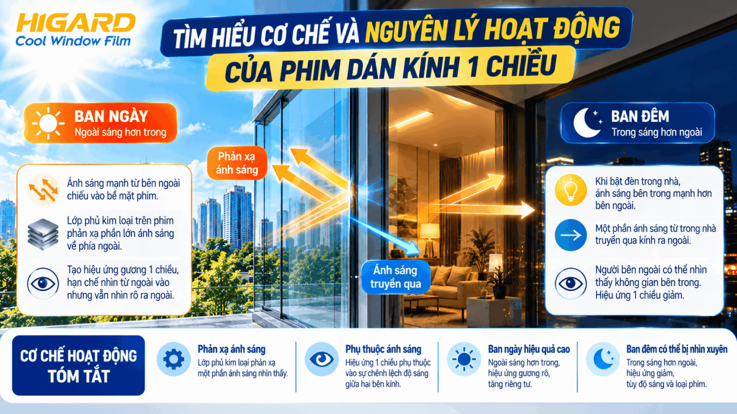 Minh họa cơ chế phản xạ ánh sáng của phim dán kính 1 chiều
