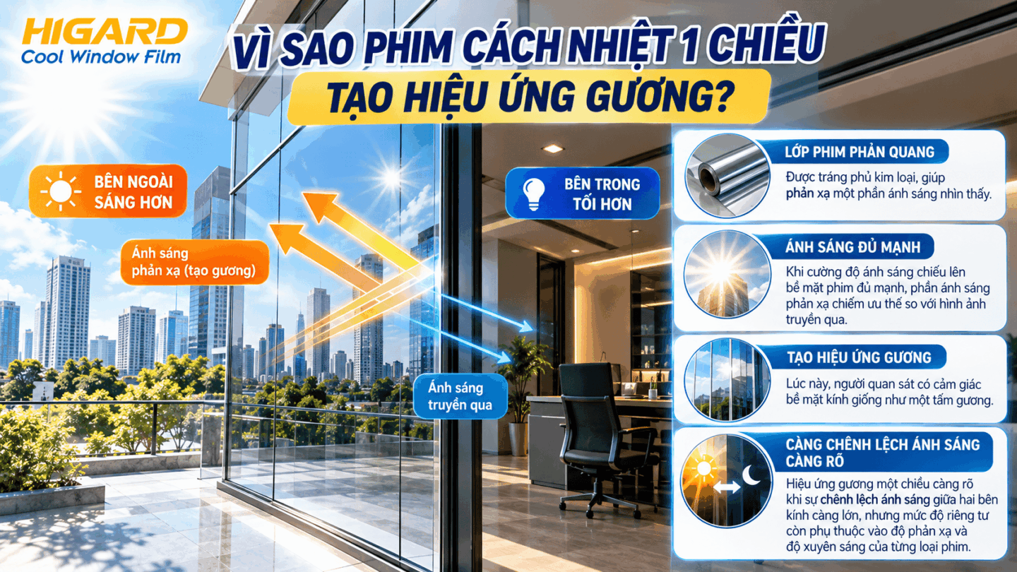 Bề mặt kính dán phim 1 chiều phản chiếu cảnh vật bên ngoài vào ban ngày