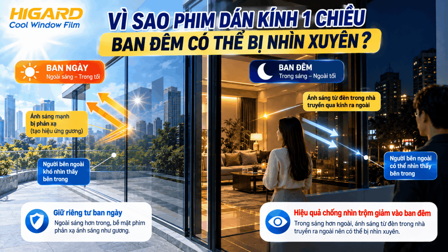 Sơ đồ nguyên lý hoạt động phim dán kính 1 chiều khi ngoài trời sáng hơn trong phòng