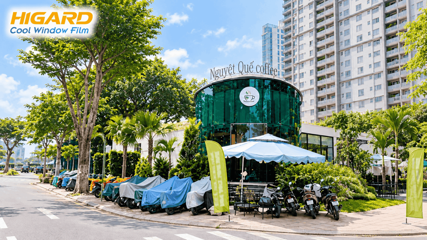 Dán phim trang trí kính màu xanh lá DE12F cho Cafe Nguyệt Quế quận 7