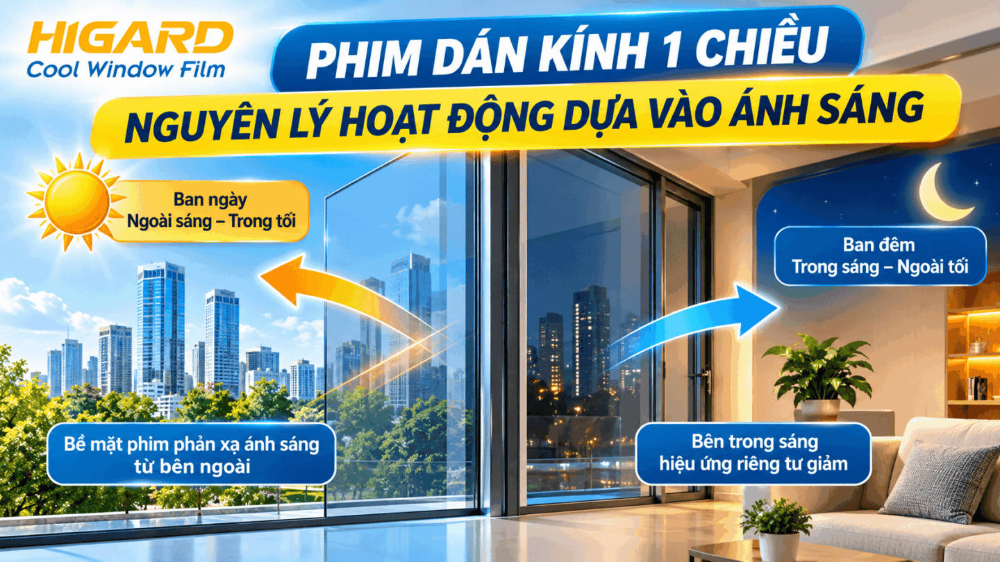 Cơ chế hoạt động phim dán kính 1 chiều Higard dựa trên nguyên lý phản xạ ánh sáng, tạo hiệu ứng gương chống nhìn trộm ban ngày.
