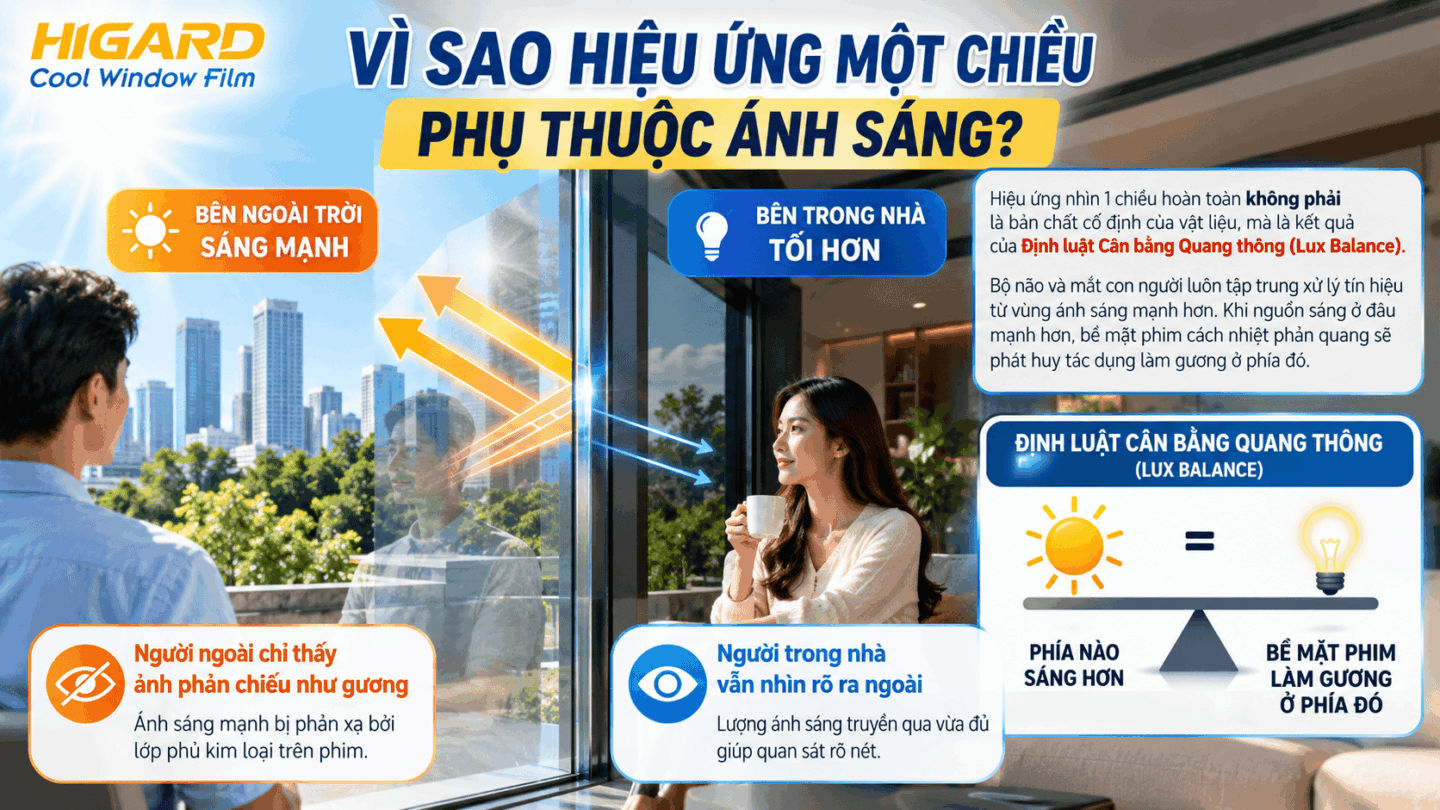 Hiệu ứng gương của phim dán kính 1 chiều Higard khi bên ngoài sáng hơn bên trong