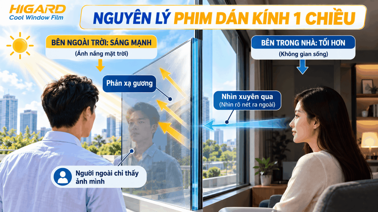 Nguyên lý hoạt động của phim dán kính 1 chiều Higard dựa trên sự chênh lệch ánh sáng trong và ngoài kính.