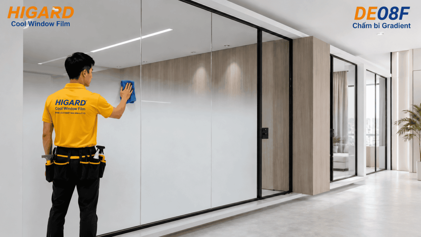 Phim dán kính chuyển sắc chấm bi trang trí phòng họp HIGARD