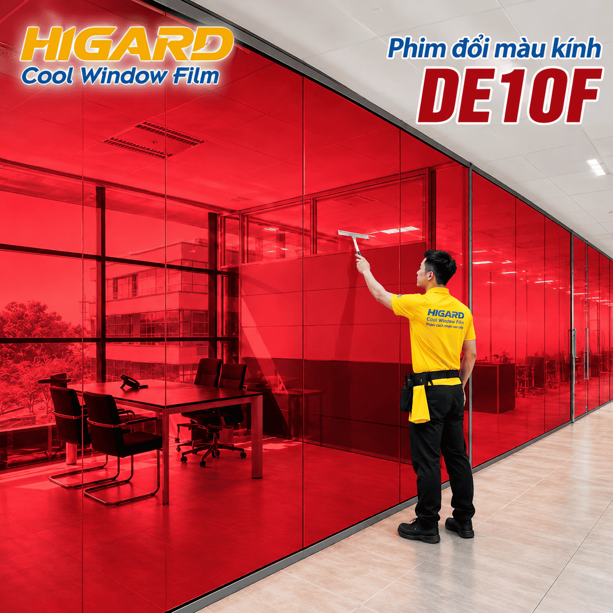 Phim Dán Kính Màu Đỏ Mã DE10F - Đổi Màu Và Tạo Điểm Nhấn Nổi Bật 5 Phim trang trí kính màu đỏ DE10F Higard cho quán cà phê
