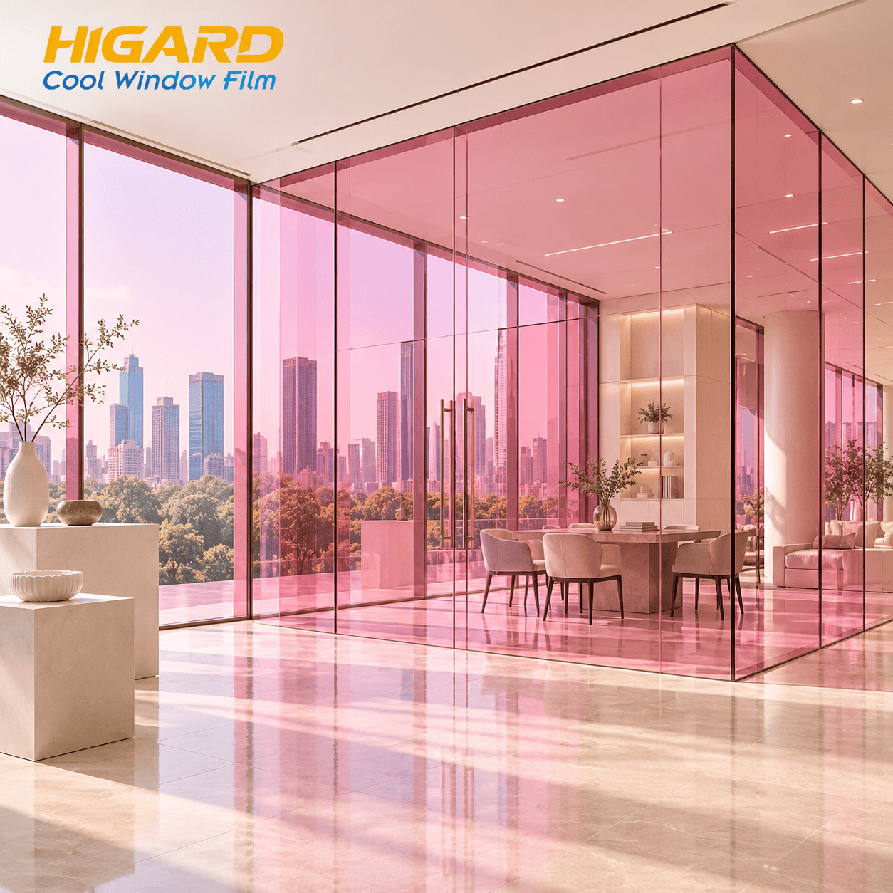 Phim Dán Kính Màu Hồng Higard DE14F làm đẹp cửa kính