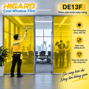 Thi công phim dán kính màu vàng DE13F Higard trên vách kính